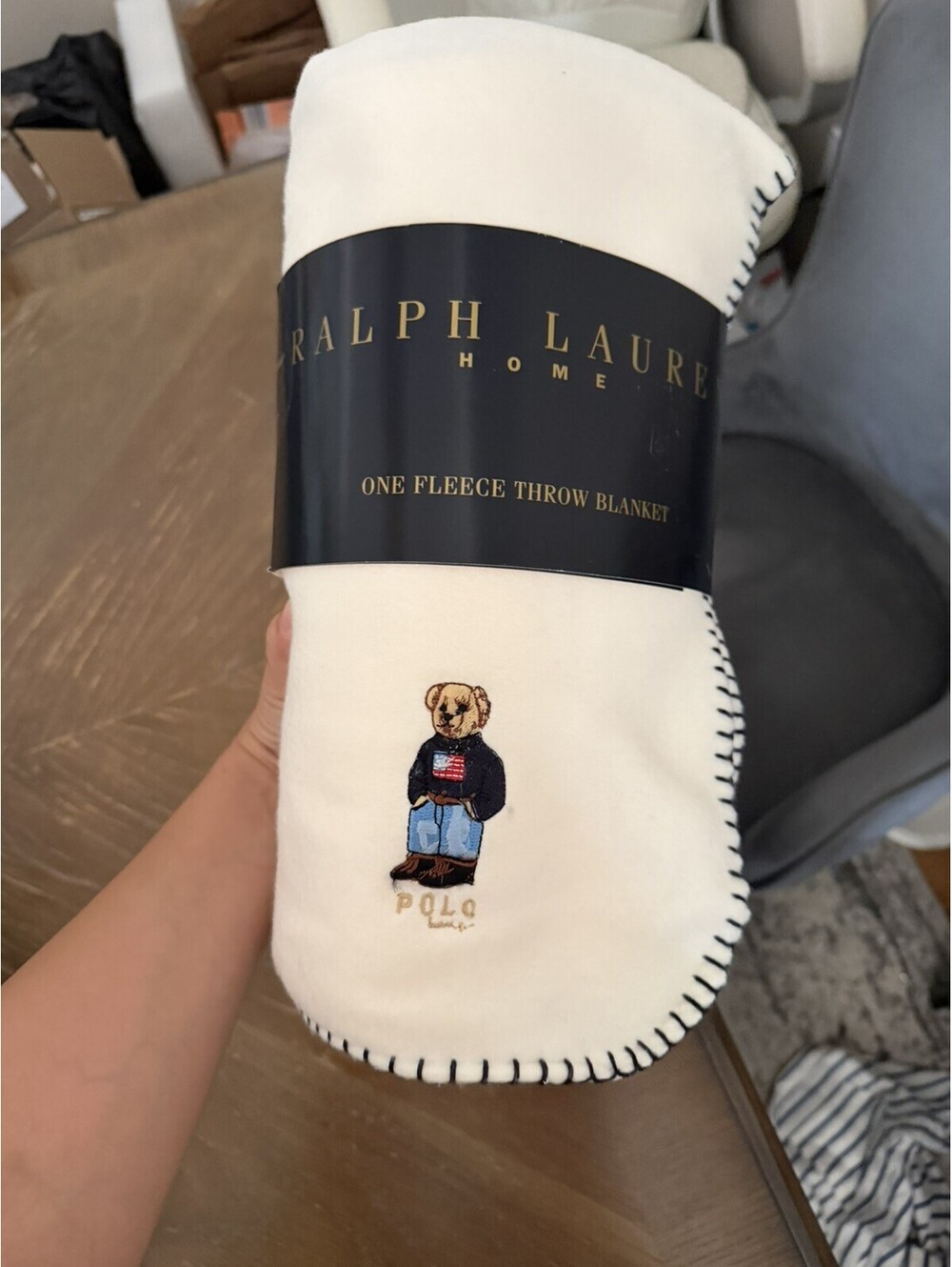 Vintage Lauren Ralph Lauren Polo Bear Throw Blanket Cream Fleece